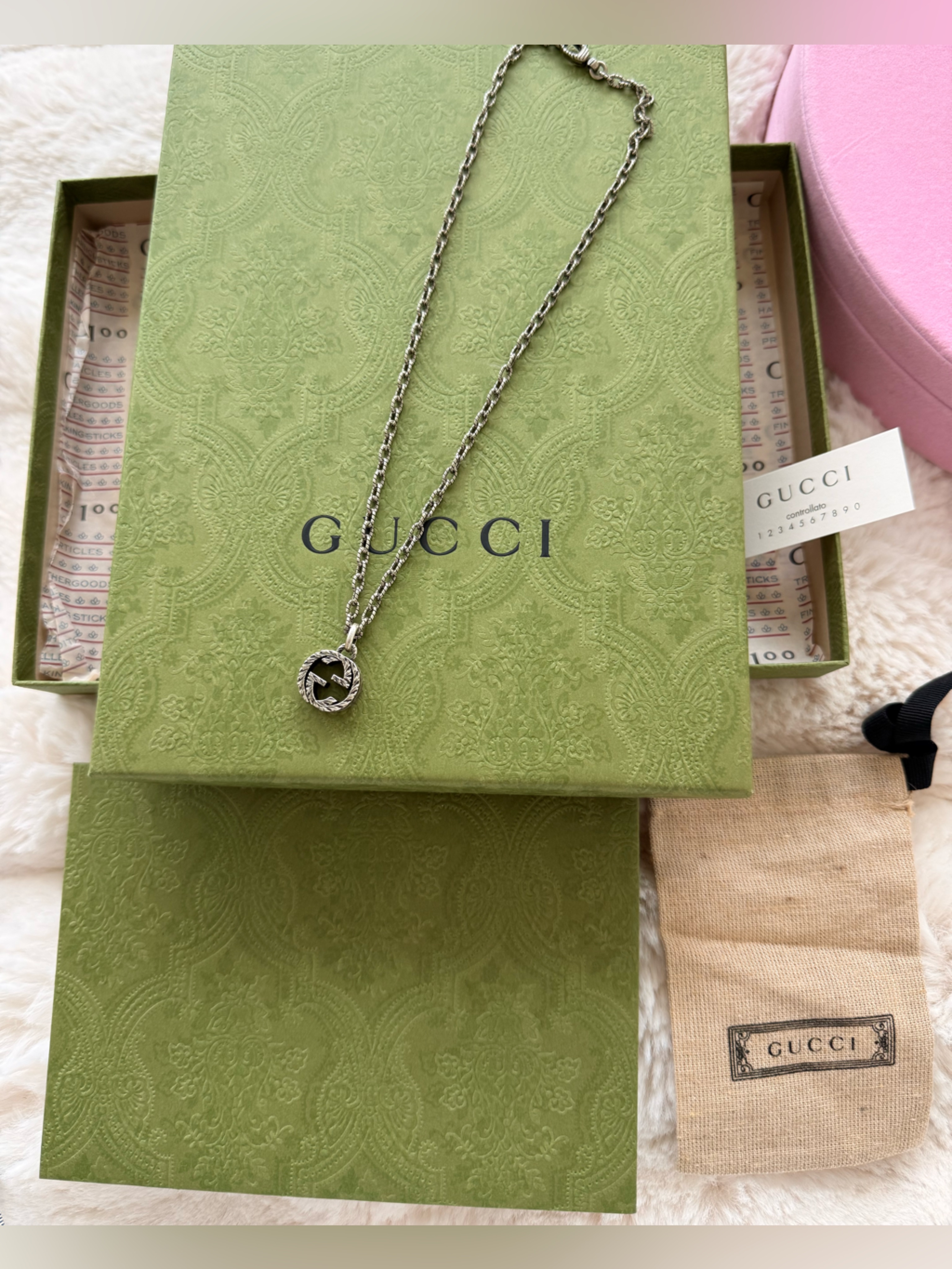Gucci Silver-Tone Interlocking G Pendant Necklace On Chain